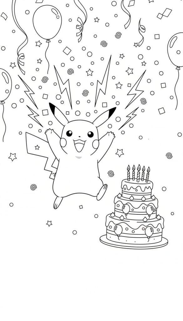 Kleurplaat van een feestvierende Pikachu die omhoog springt naast een drielaagse verjaardagstaart met brandende kaarsen, omringd door ballonnen, confetti en bliksemschichten.