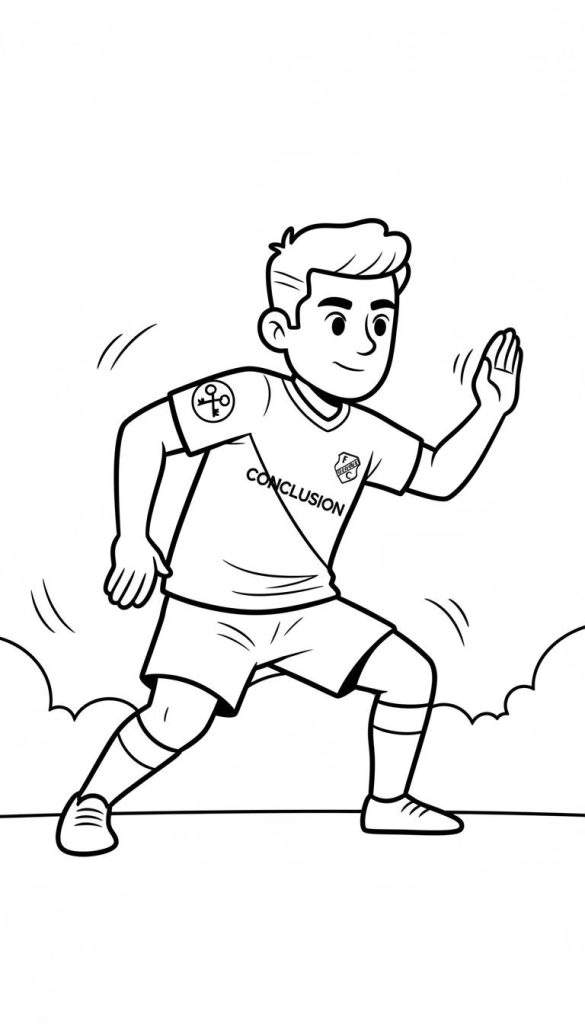 Kleurplaat van een rennende, lachende jongen in FC Utrecht sportkleding met 'CONCLUSION' op zijn shirt en snelheidseffecten.