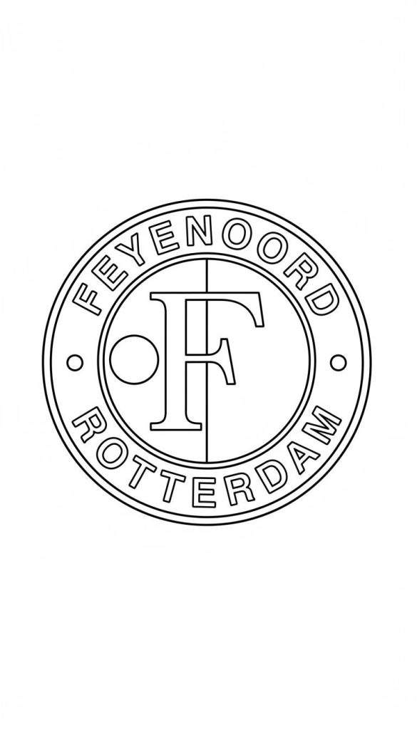 Feyenoord logo kleurplaat, zwart-wit tekening van het ronde clubembleem met de gestileerde 'F', 'FEYENOORD' en 'ROTTERDAM'.