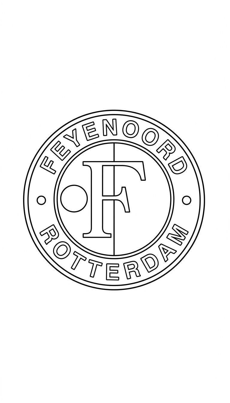 Feyenoord logo kleurplaat, zwart-wit tekening van het ronde clubembleem met de gestileerde 'F', 'FEYENOORD' en 'ROTTERDAM'.