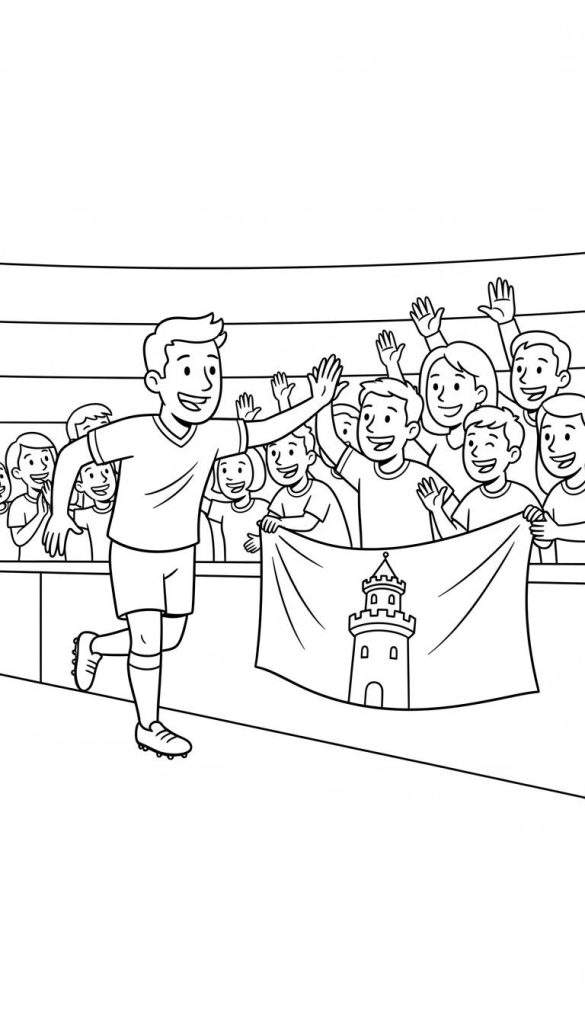 Zwart-wit kleurplaat van een lachende NAC Breda voetballer die zwaait naar juichende fans op de tribune. Op een spandoek is een kasteeltoren afgebeeld.