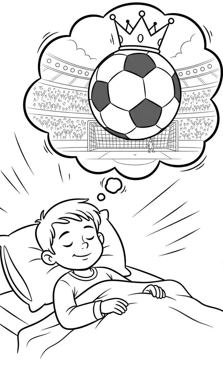 Kleurplaat van een jongen die slaapt en droomt over een voetbal met kroon in een druk stadion, symbool voor zijn toekomstige voetbalcarrière met PEC Zwolle.
