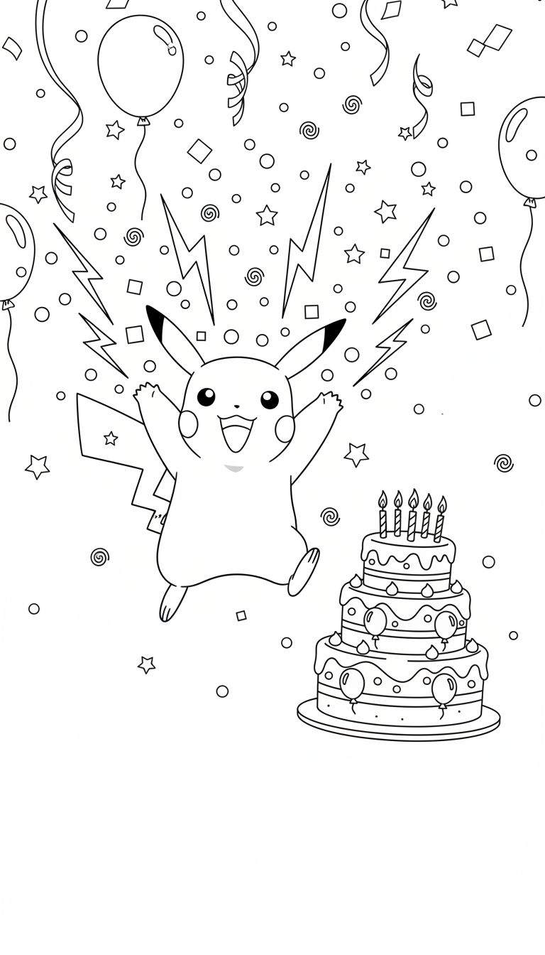 Kleurplaat van een feestvierende Pikachu die omhoog springt naast een drielaagse verjaardagstaart met brandende kaarsen, omringd door ballonnen, confetti en bliksemschichten.