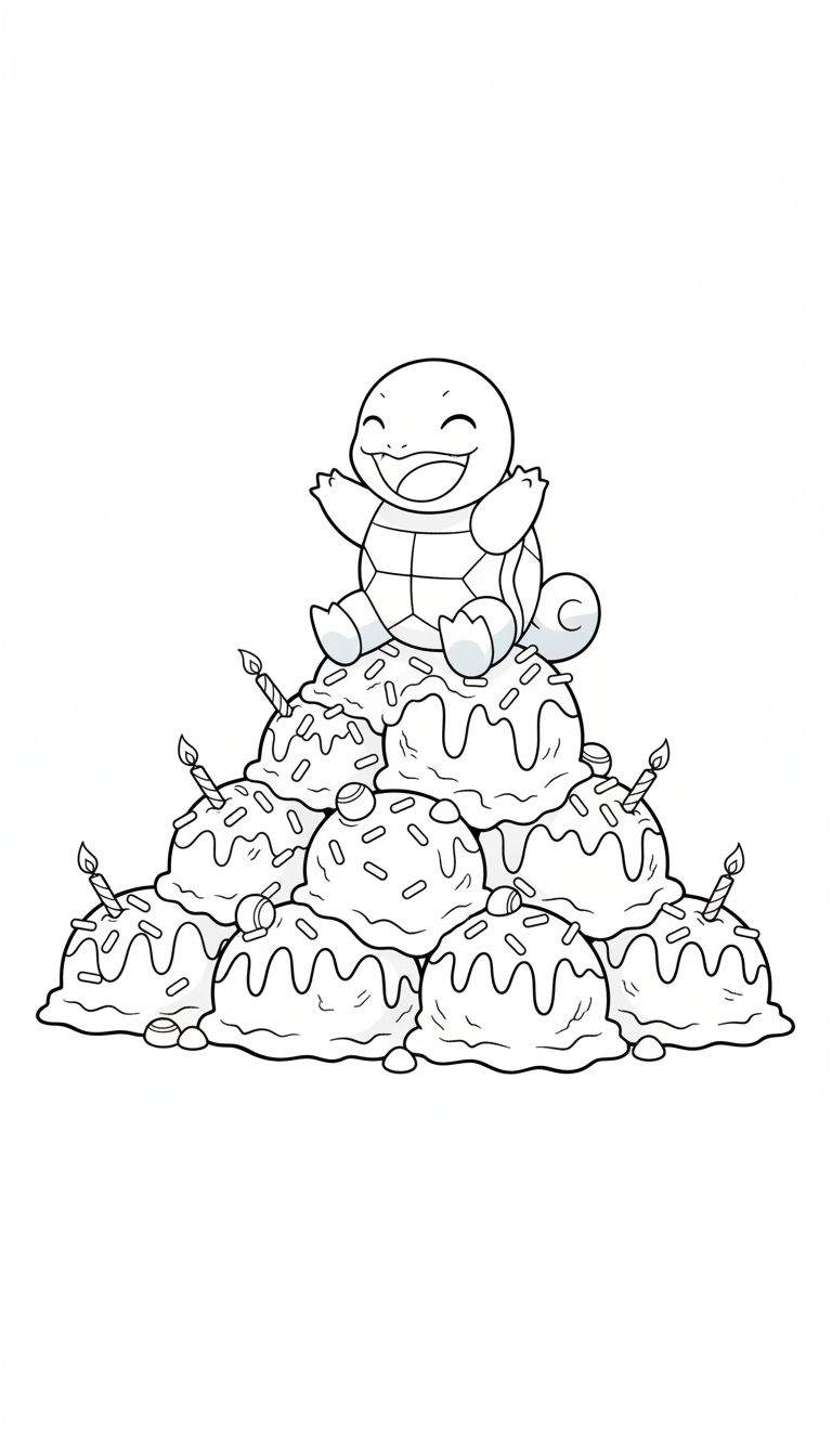 Kleurplaat van vrolijke Squirtle zittend op een stapel feestelijke cupcakes met kaarsjes en sprinkles.