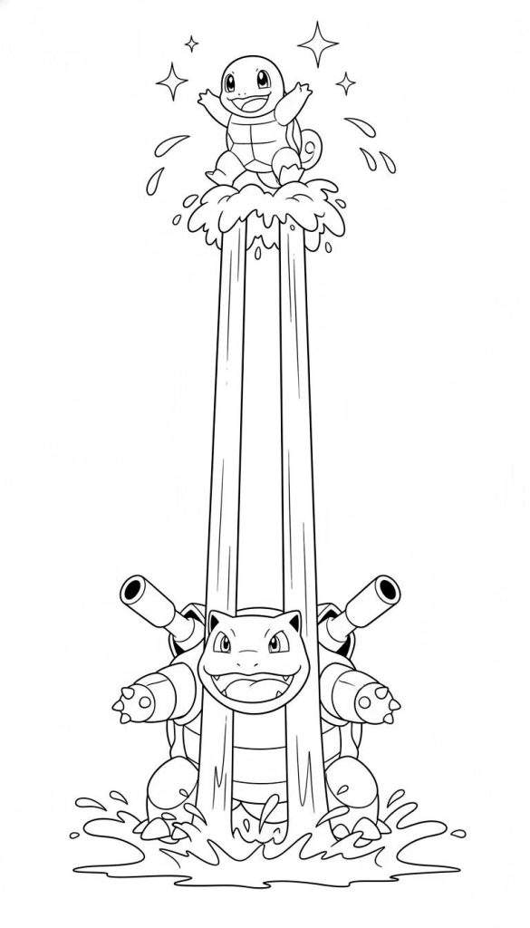 Zwart-wit kleurplaat van een juichende Squirtle balancerend op waterstralen, bovenop een blij kijkende Blastoise die water spuit uit zijn rugkanonnen.