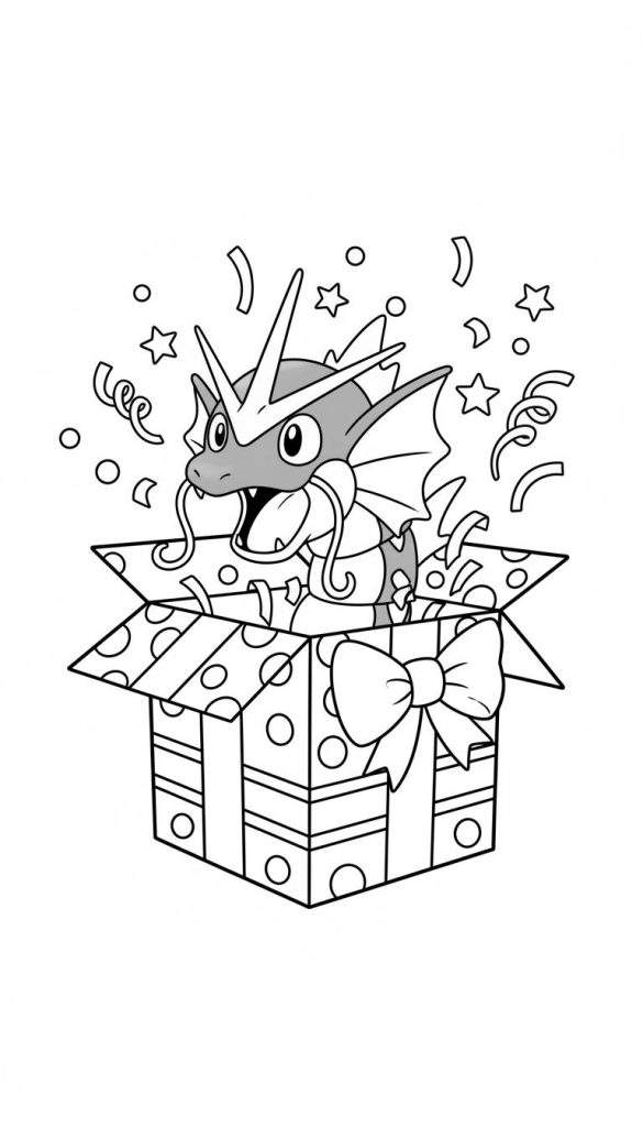 Kleurplaat: Schattige chibi Gyarados springt blij uit een gestippelde cadeaubox met strik, omringd door confetti en sterren. De Gyarados is deels grijs ingekleurd.