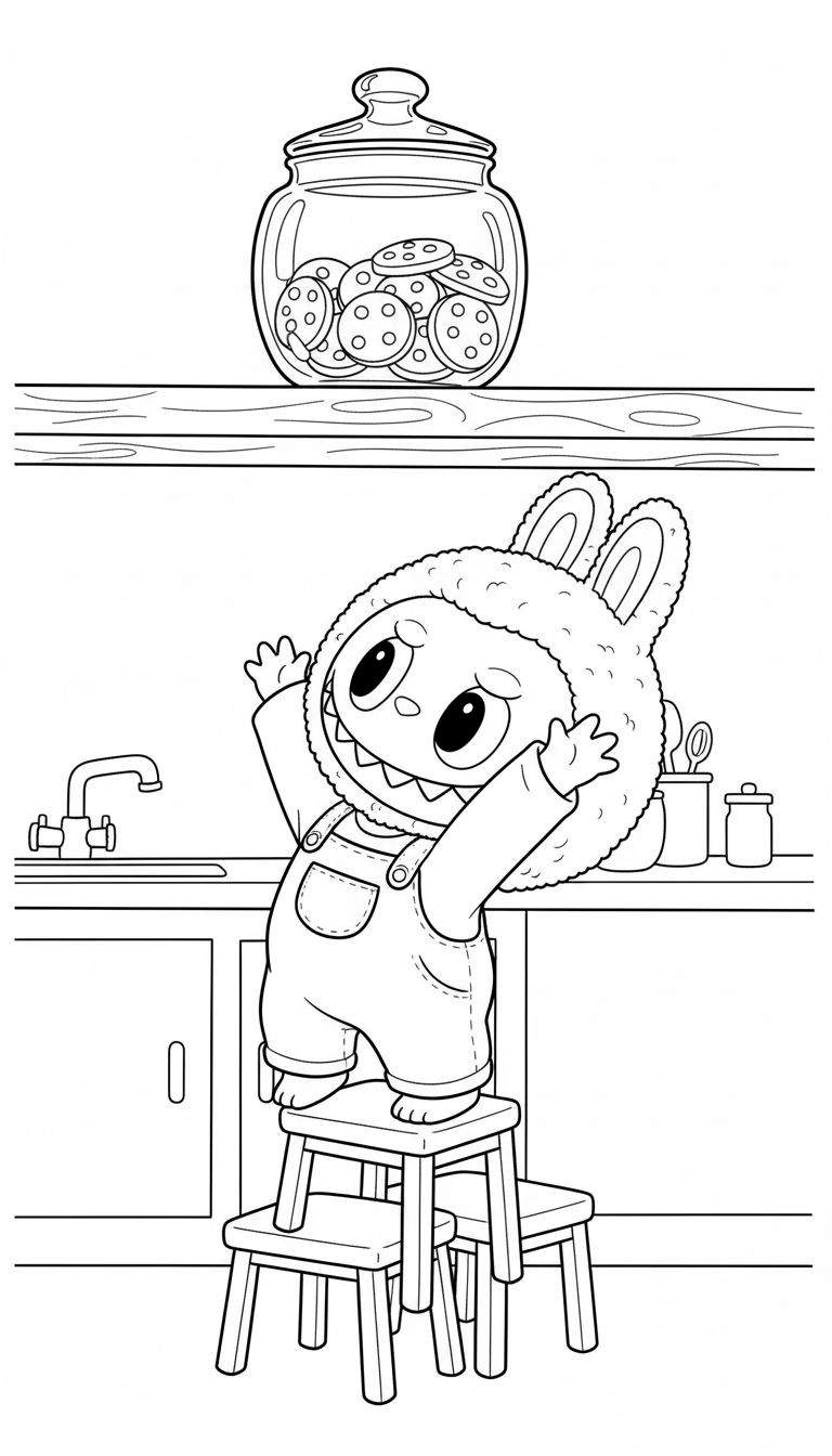 Zwart-wit kleurplaat van Labubu, een schattig wezentje met konijnenoren, dat op twee gestapelde houten krukjes staat en zijn armen uitstrekt naar een glazen koekjespot op een keukenschap. De scène toont een gedetailleerde keuken met een gootsteen en potjes.