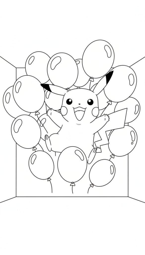 Zwart-wit kleurplaat van een lachende Pikachu met wijd open armen, omringd door ballonnen in een feestelijke setting.