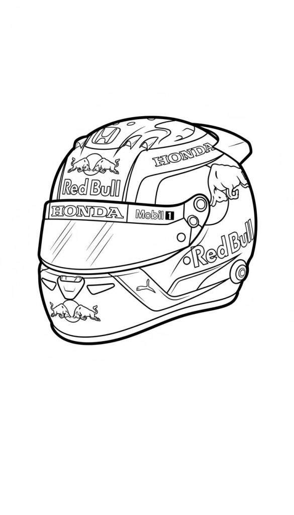 Lijntekening van een Formule 1 racehelm, met Honda-, Red Bull-, Mobil 1- en Puma-logo's, bedoeld als kleurplaat.