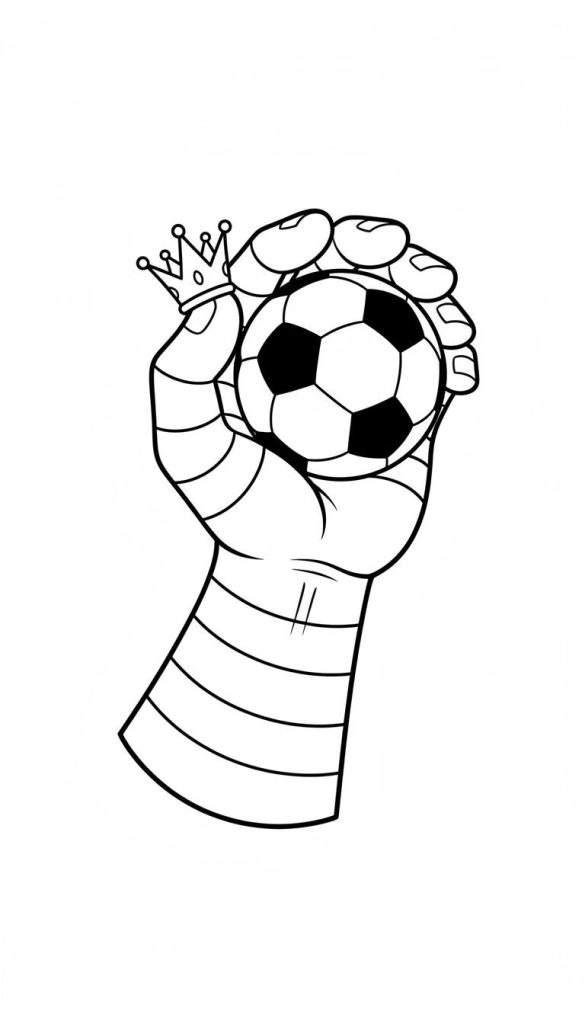 Cartoonachtige hand met voetbal, kroontje op wijsvinger, ingezwachtelde pols. PEC Zwolle thema kleurplaat.