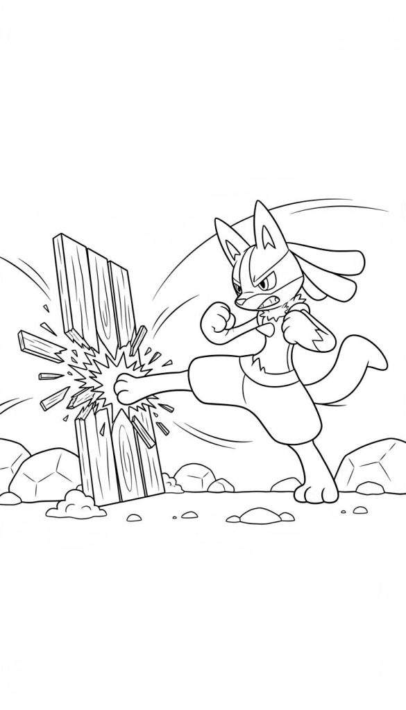 Kleurplaat van Pokémon Lucario in actie, waarbij hij met een krachtige trap een houten plank in stukken spat. Lucario heeft een vastberaden uitdrukking, met gefronste wenkbrauwen en gebalde vuisten, omringd door explosie-lijnen en rotsen op de grond.
