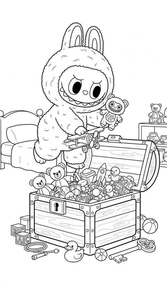 Zwart-wit kleurplaat van Labubu, een vriendelijk harig monster met konijnenoren, spelend met speelgoed in een drukke kinderkamer met een gevulde speelgoedkist, bed en planken.