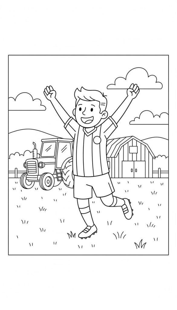 Kleurplaat: Vrolijke jongen in De Graafschap voetbaltenue juicht op grasveld voor boerderij met tractor en schuur.