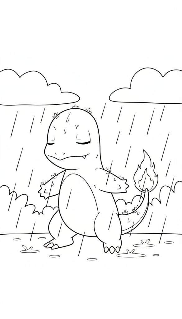 Zwart-wit lijntekening van een trieste Charmander in de regen, met gesloten ogen, een brandende staartvlam, gestileerde wolken, regendruppels en plassen op de grond.