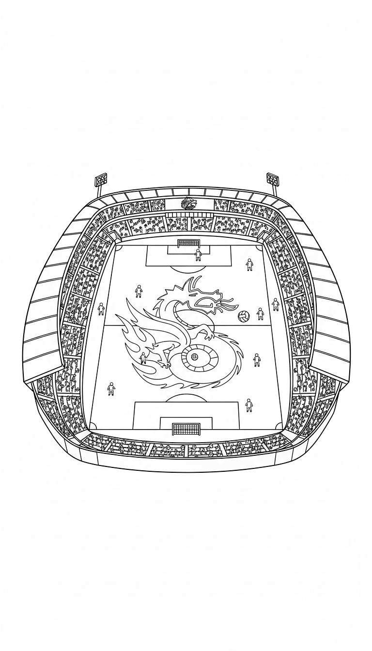 Zwart-wit lijntekening van FC Den Bosch voetbalstadion in vogelvlucht met grote draak op het veld, talloze toeschouwers, doelen, spelers en schijnwerpers.