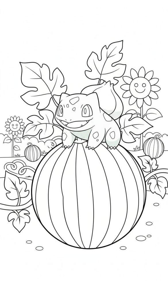 Kleurplaat van een lachende Bulbasaur zittend op een grote gestreepte pompoen, omringd door herfstbladeren, vrolijke zonnebloemen en kleinere pompoenen.
