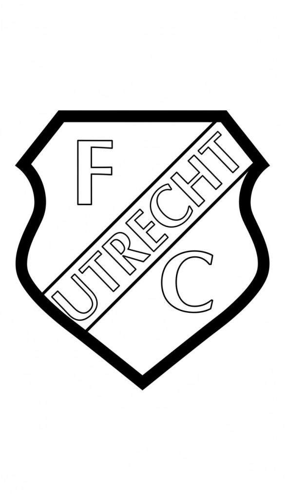 Zwart-wit kleurplaat van het FC Utrecht logo in de vorm van een schild, met de letter 'F' linksboven, 'UTRECHT' diagonaal over het midden, en 'C' rechtsonder, alle in contourlijnen.