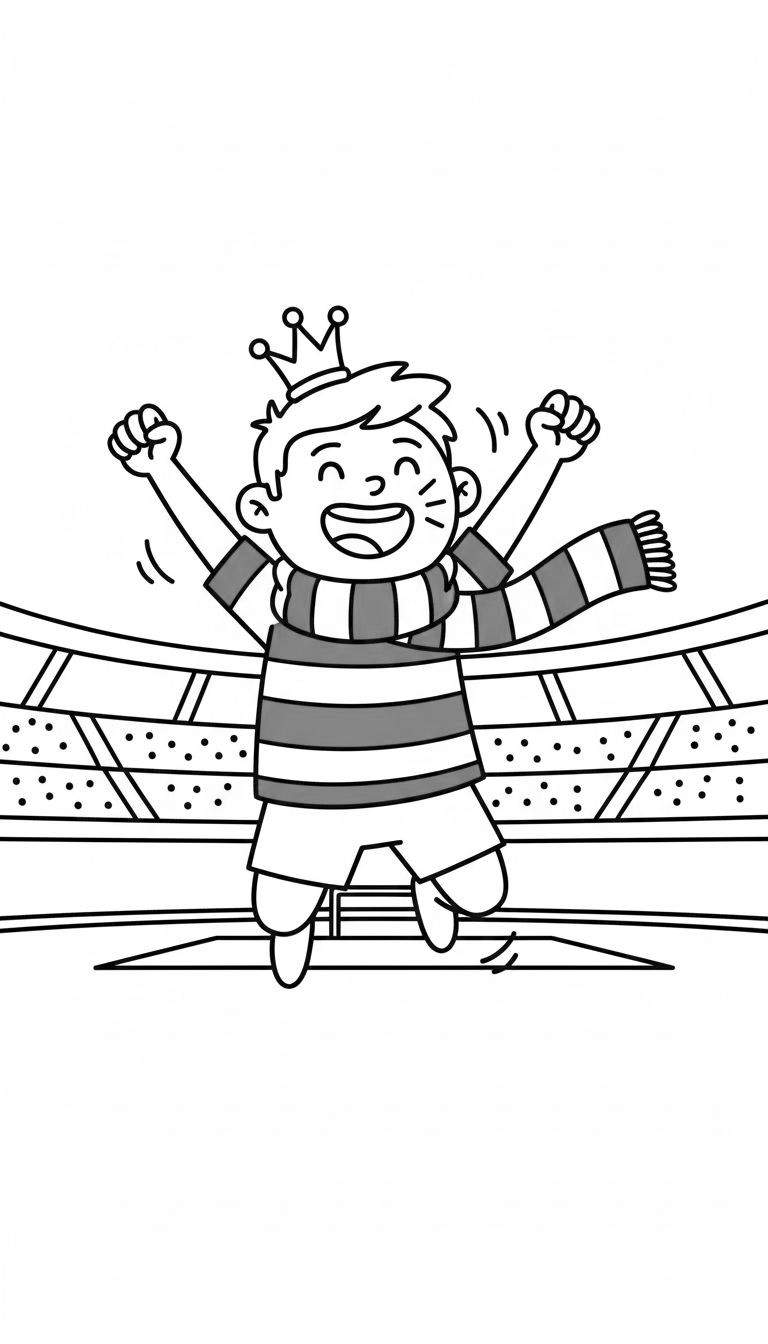 Zwart-witte lijntekening van een vrolijke, cartoonachtige jongen met kroon, gestreepte sjaal en shirt, springend met gebalde vuisten in een voetbalstadion gevuld met publiek, vierend een overwinning, PEC Zwolle thema.