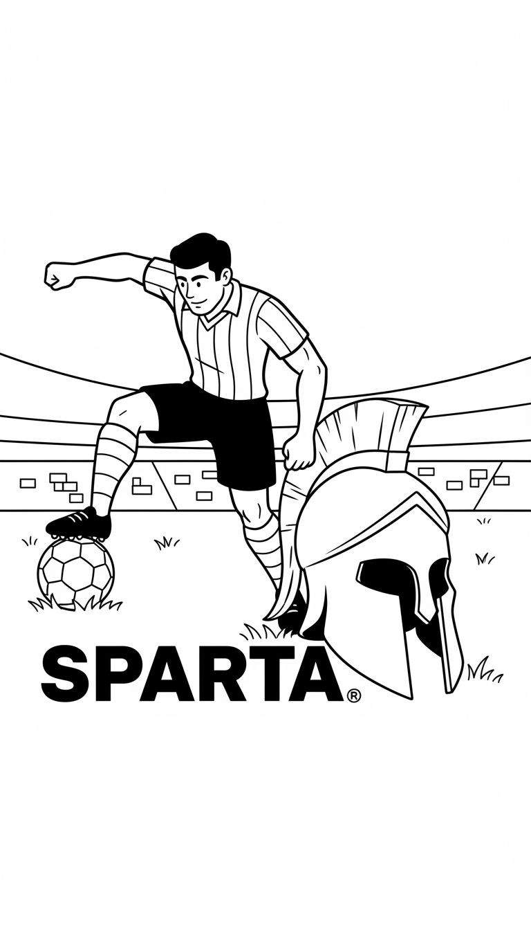 Zwart-wit kleurplaat van een Sparta Rotterdam voetballer met voetbal, Spartaanse helm en stadion op de achtergrond. Met tekst 'SPARTA®'.