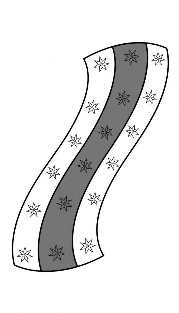 Kleurplaat van een golvende, lintachtige vorm verdeeld in drie verticale banen (wit, grijs, wit). Elke baan bevat zes zevenpuntige sterren; die op de witte banen zijn omlijnd, die op de grijze baan zijn effen zwart ingevuld. Alle lijnen zijn dik en zwart. Thema: Ajax.