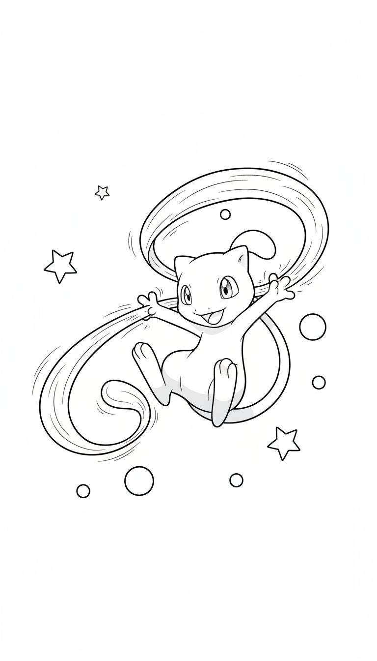 Zwart-witte kleurplaat van lachende Mew, de Pokémon, die zweeft omringd door golvende lijnen, sterren en cirkels.