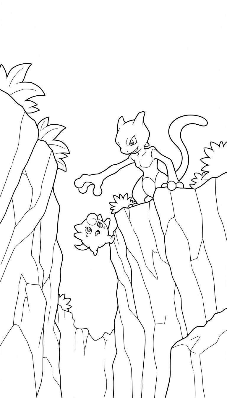 Zwart-wit kleurplaat van Mewtwo die Igglybuff redt. Mewtwo staat op een klifrand en strekt een arm uit naar de vallende, angstige Igglybuff boven een diepe kloof in een rotsachtig landschap.