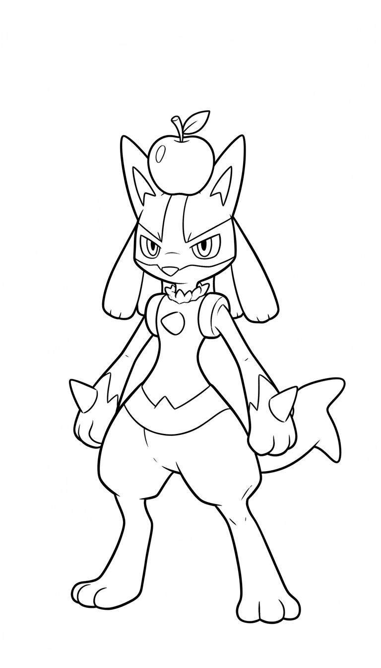Zwart-wit lijntekening van Lucario, een Pokémon-achtig figuur, in een dynamische, klaarstaande pose op een effen witte achtergrond. Op zijn hoofd balanceert een appel met steeltje en blad. Lucario heeft puntige oren, scherpe, gefronste ogen die een serieuze of boze uitdrukking geven, en een kleine mond met een glimp van tanden. Rond zijn nek zit een geplooide kraag en op zijn borst een ovale markering. Het bovenlichaam heeft een zigzagpatroon aan de onderkant. Zijn gespierde armen zijn gebogen bij de ellebogen, met gebalde vuisten en een scherpe, driehoekige punt op elke buitenkant. De stevige benen eindigen in voeten met drie tenen die op klauwen lijken. Aan de achterkant bevindt zich een korte, brede, platte of vin-achtige staart.