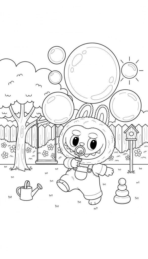 Zwart-wit kleurplaat van Labubu die vrolijk bellen blaast in een tuin, met een boom, schommel, vogelhuisje, gieter en stapeltoren.