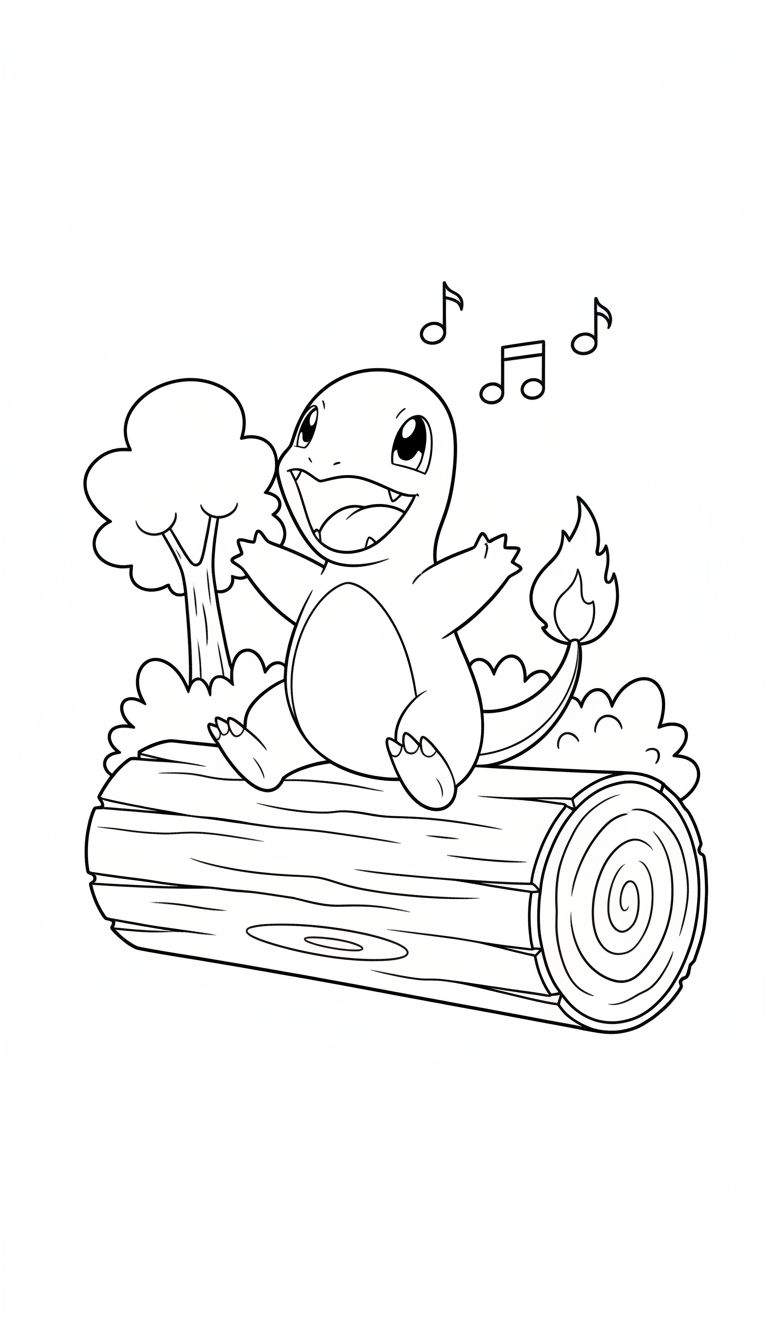 Zwart-wit lijntekening van een zingende of lachende Charmander op een boomstam met muzieknoten boven zijn hoofd en de iconische staartvlam, omringd door een boom en struikjes.