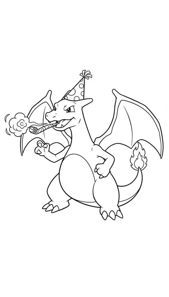 Zwart-wit kleurplaat van feestelijke Charizard met gestippeld feesthoedje, pompon en feesttoeter, vlam aan staartpunt, vrolijke uitstraling.