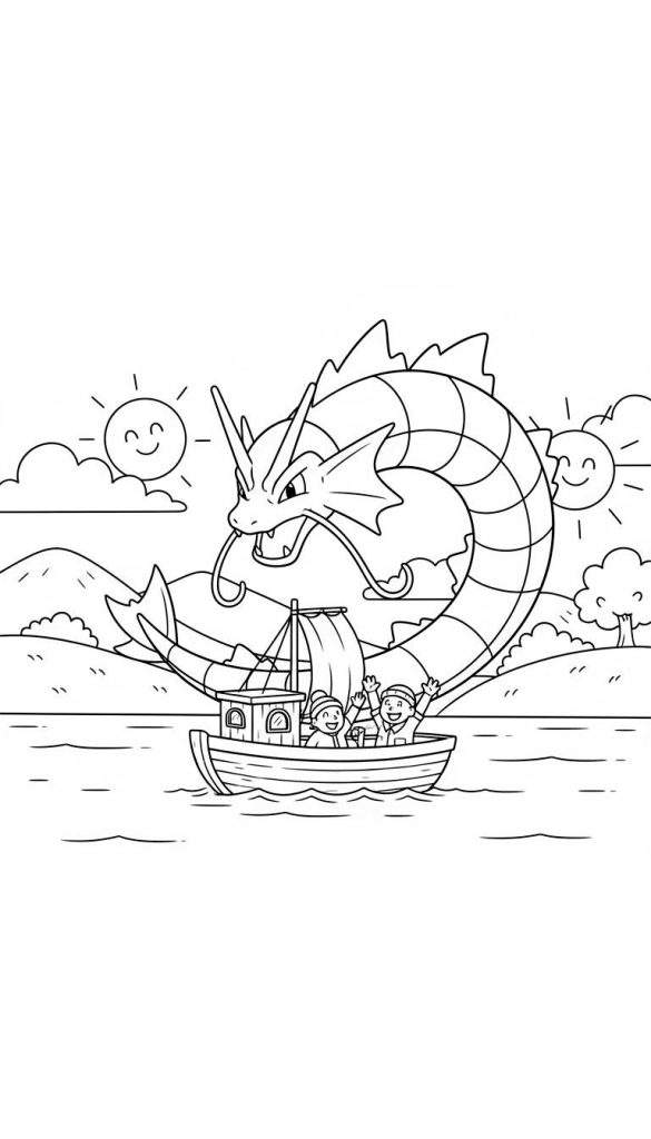 Zwart-witte kleurplaat van een Gyarados-achtig wezen dat uit het water oprijst, met daaronder twee lachende kinderen in een zeilboot, en twee lachende zonnen aan de hemel.