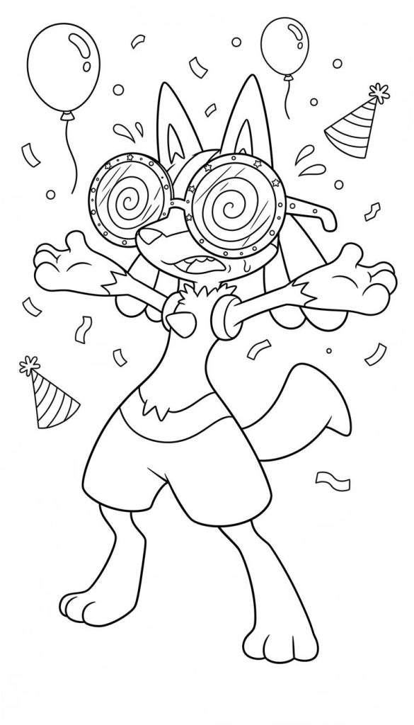 Zwart-wit kleurplaat van een vrolijk, Lucario-achtig figuur met spiraalbril en korte broek, omringd door feestelijke confetti, ballonnen en gestreepte feesthoedjes.