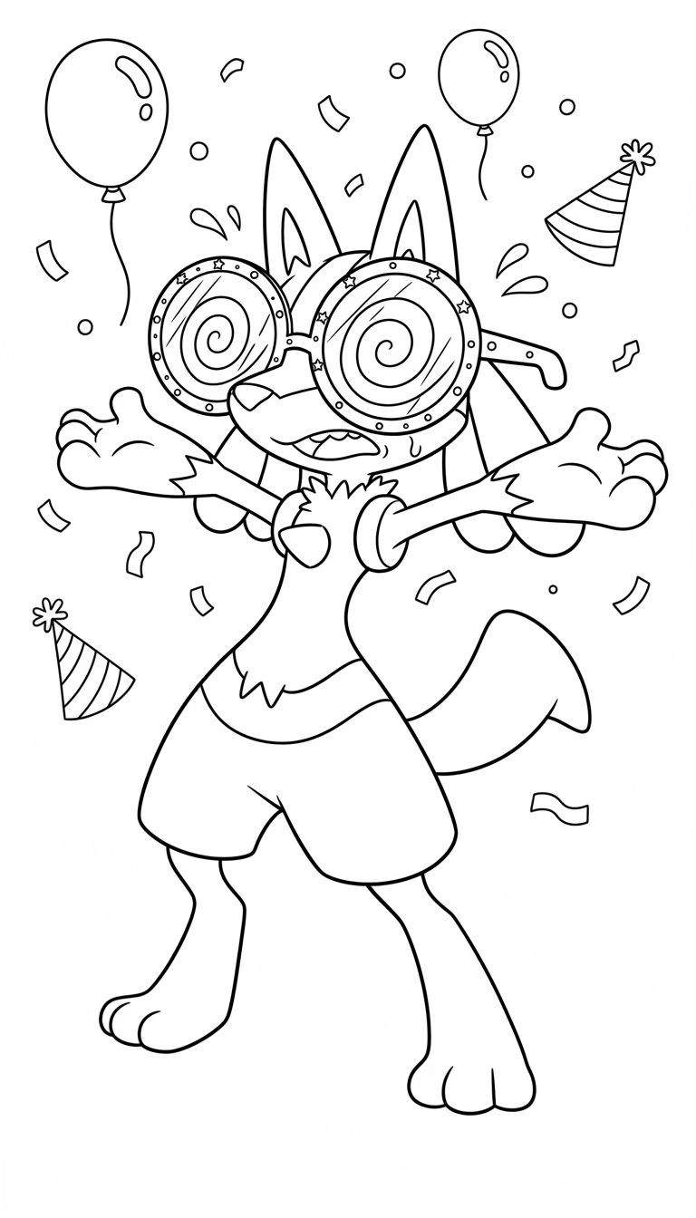Zwart-wit kleurplaat van een vrolijk, Lucario-achtig figuur met spiraalbril en korte broek, omringd door feestelijke confetti, ballonnen en gestreepte feesthoedjes.