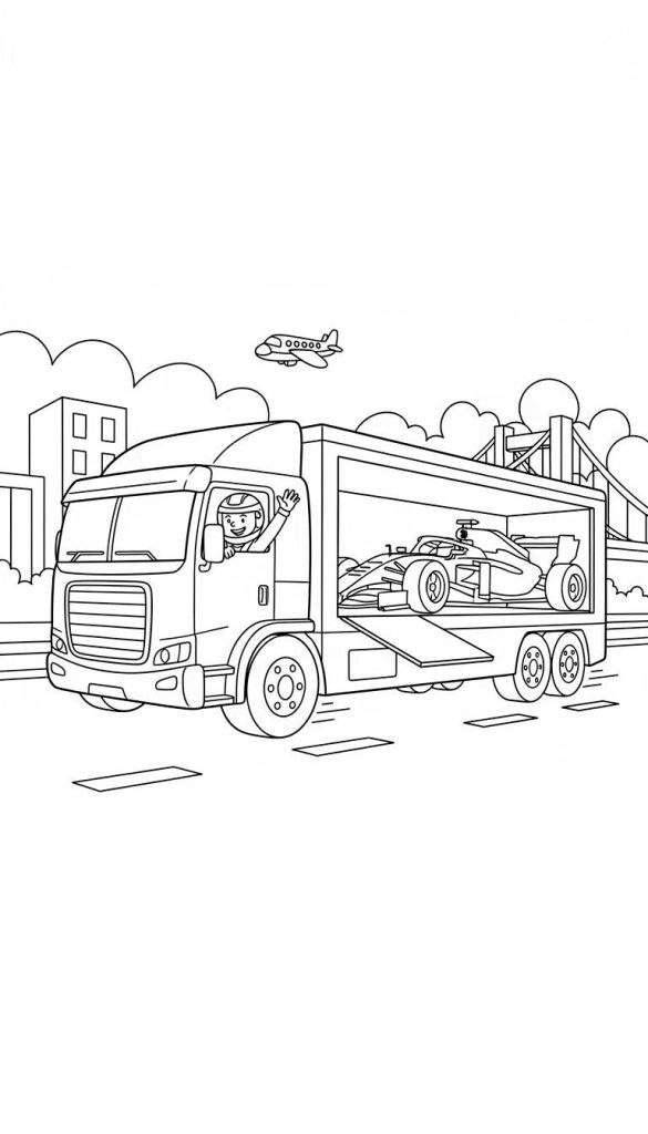 Zwart-wit lijntekening van een Red Bull vrachtwagen met open trailer waarop een Formule 1 raceauto staat. De bestuurder zwaait, boven vliegt een vliegtuig en op de achtergrond zijn gebouwen en een brug te zien.