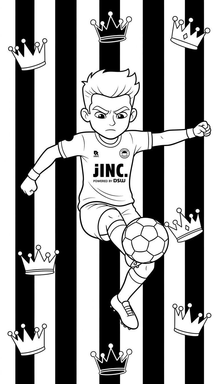 Zwart-wit kleurplaat van een jonge, geconcentreerde stripfiguur-voetballer in actie, met voetbal en logo's van JINC en DSW op zijn tenue. De achtergrond is gestreept en versierd met zeven zwevende kronen.