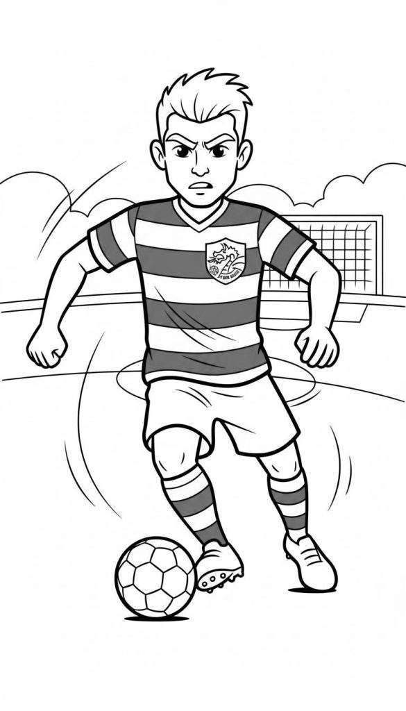 Zwart-wit lijntekening van een jonge voetballer in actie, dribbelend met de voetbal bij zijn rechtervoet. Hij heeft een vastberaden uitdrukking en draagt een gestreept voetbaltenue met een draak-embleem van 'S.C. BARK REDU'. Op de achtergrond is een voetbaldoel en vage wolken te zien.