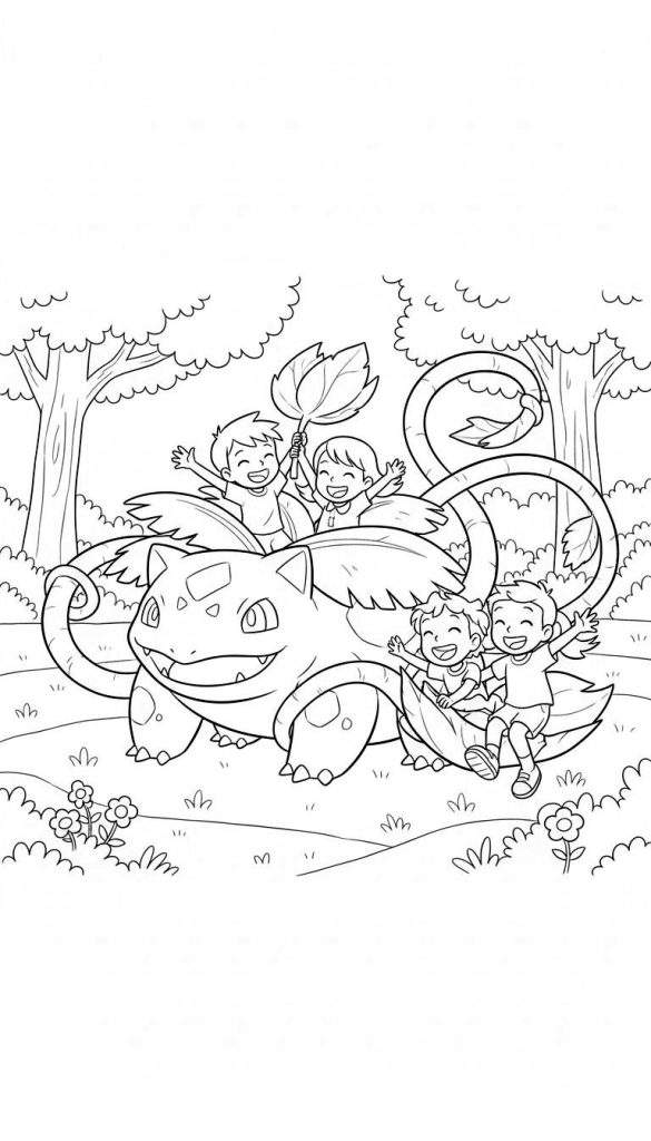 Kleurplaat van een vriendelijke Venusaur met vier blije kinderen die op en naast zijn rug spelen in een natuurlijke omgeving met bomen en bloemen.