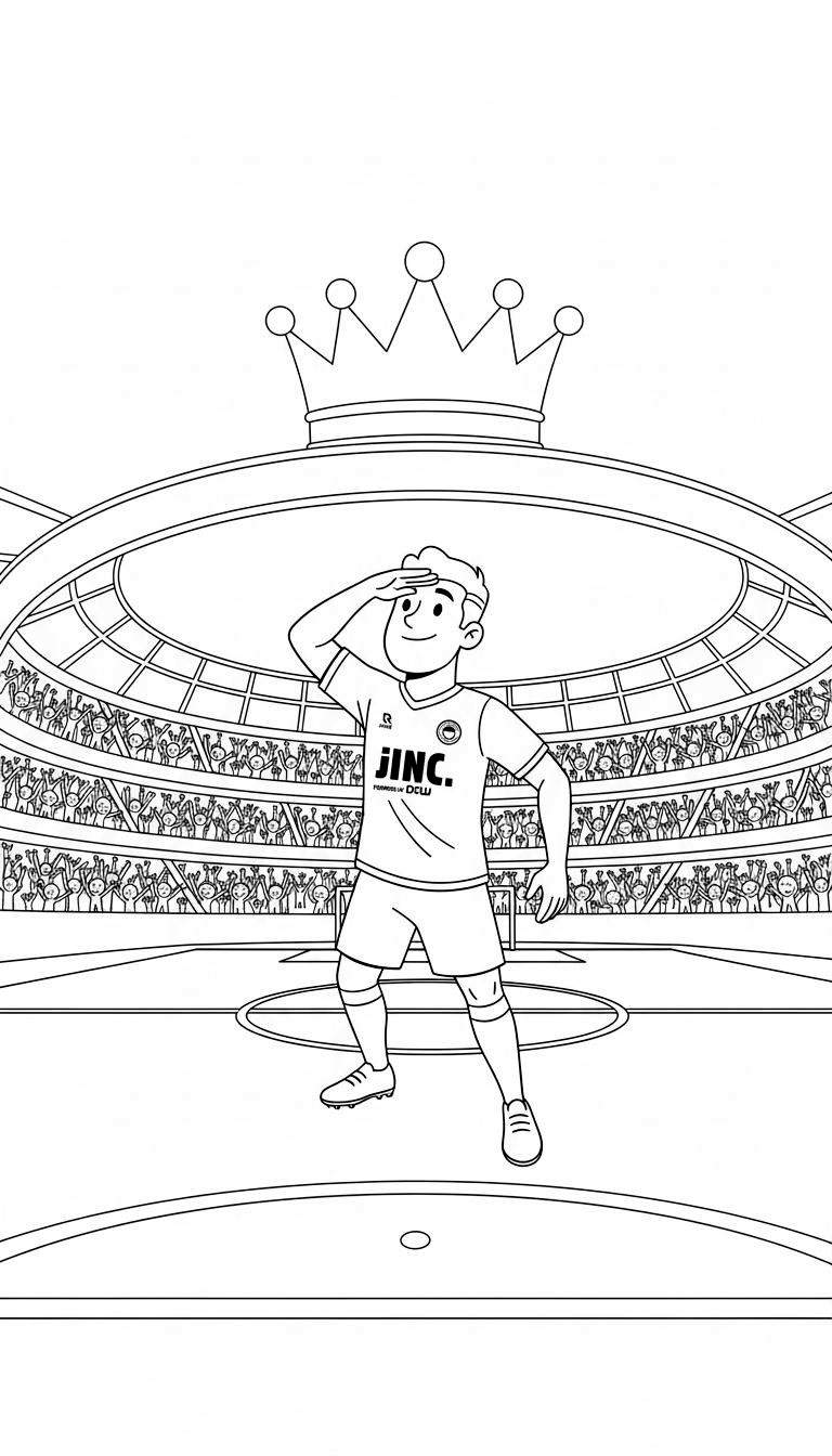 Zwart-wit kleurplaat van een glimlachende voetballer in tenue met 'JINC.' logo. Hij salueert op een voetbalveld voor een vol stadion met juichende fans en een kroon erboven.