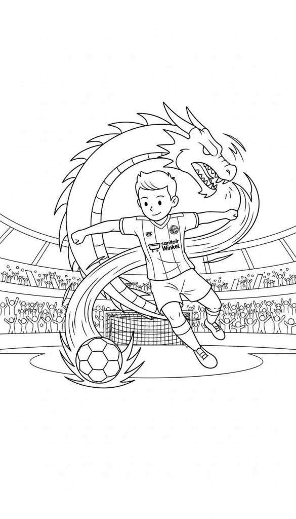 Kleurplaat: jonge FC Den Bosch voetballer in Sanitair Winkel shirt trapt voetbal met vlammen, bijgestaan door een dreigende draak in een vol voetbalstadion met doel.