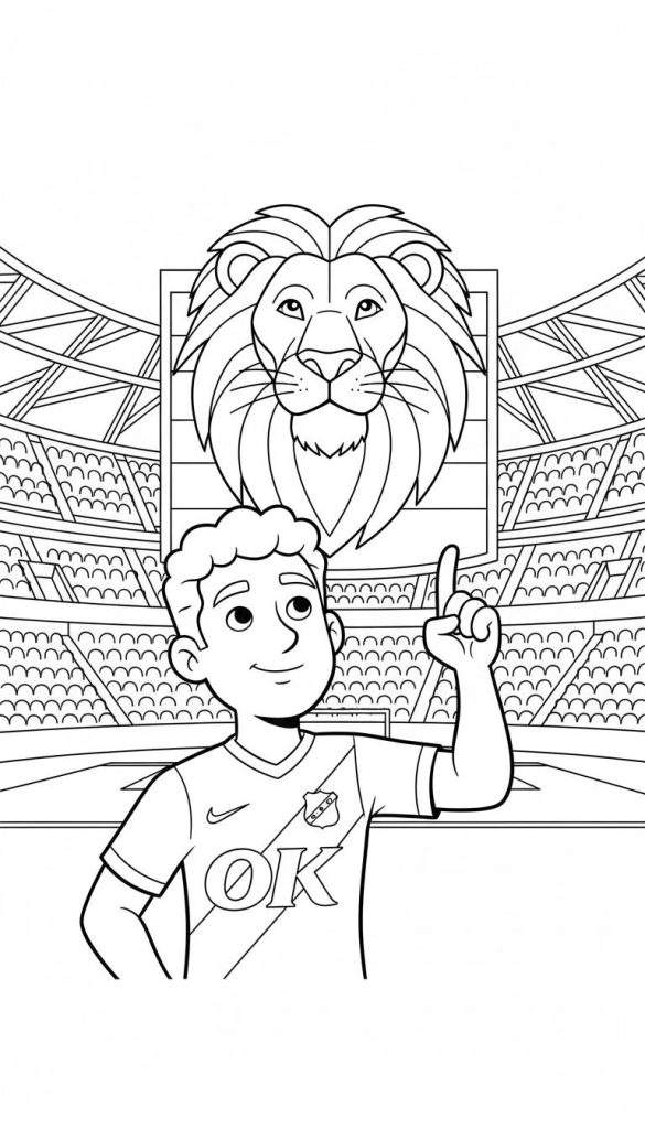 Zwart-wit kleurplaat van een lachende jongen in een NAC Breda voetbalshirt die omhoog wijst, met een grote, gestileerde leeuwenkop erachter en de tribunes van een stadion op de achtergrond.