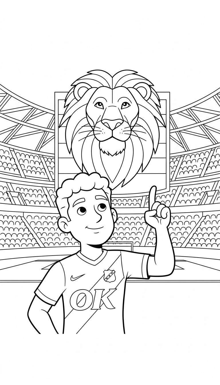 Zwart-wit kleurplaat van een lachende jongen in een NAC Breda voetbalshirt die omhoog wijst, met een grote, gestileerde leeuwenkop erachter en de tribunes van een stadion op de achtergrond.