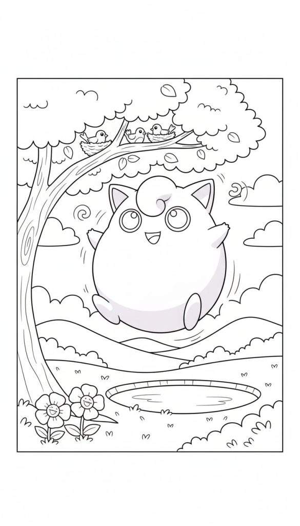 Kleurplaat van blije Jigglypuff zwevend tussen een boom met vogelnest, lachende bloemen, een vijver en glooiende heuvels.