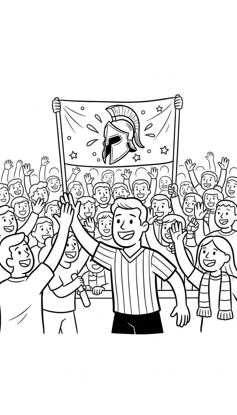 Zwart-wit kleurplaat van juichende Sparta Rotterdam fans. Op de voorgrond geven twee blije personen elkaar een high five, één draagt een gestreept shirt. Achter hen een enthousiaste menigte met handen in de lucht, een gestreepte sjaal en een rammelaar. Boven de menigte wordt een groot spandoek met een Spartaanse helm, sterren en spetters omhooggehouden.