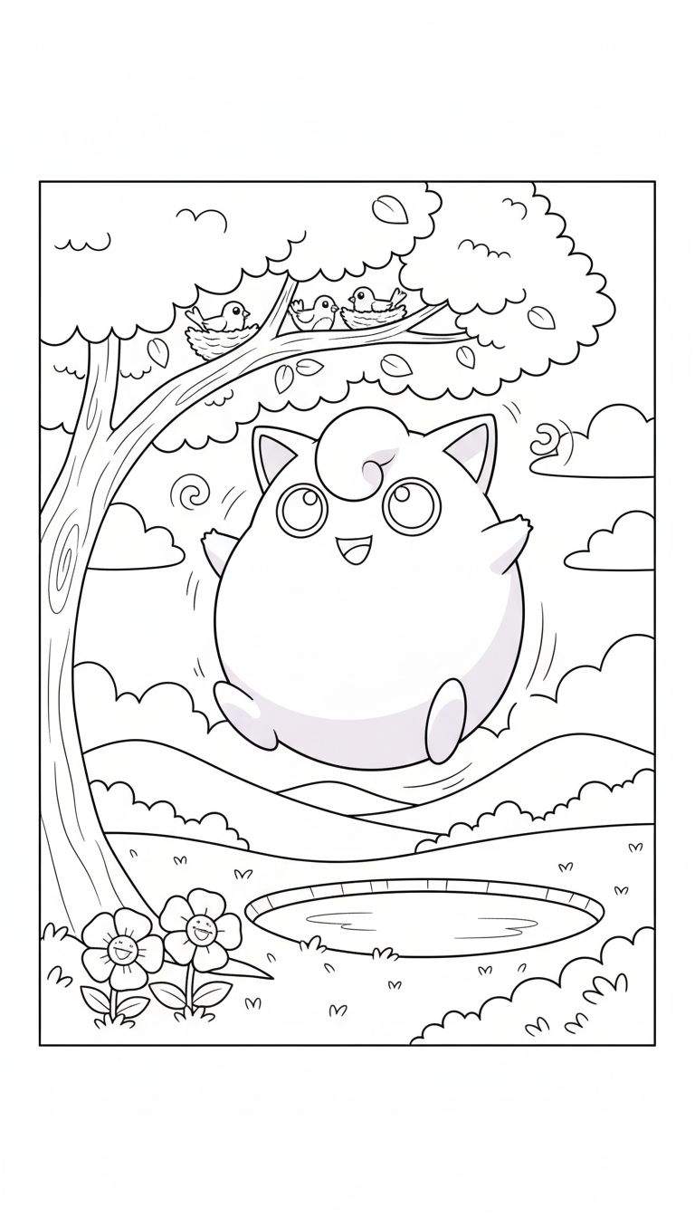 Kleurplaat van blije Jigglypuff zwevend tussen een boom met vogelnest, lachende bloemen, een vijver en glooiende heuvels.