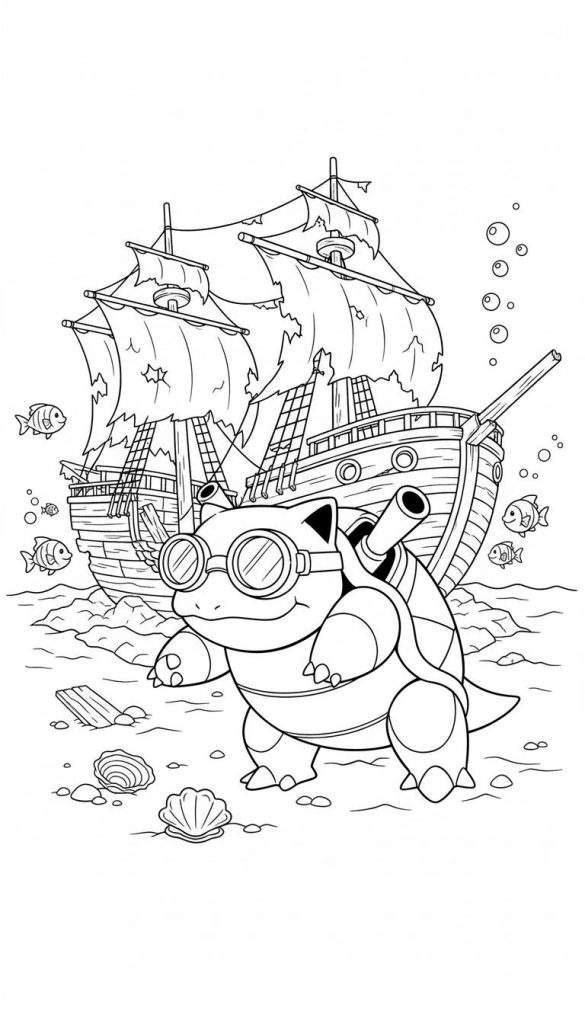 Zwart-witte kleurplaat van Blastoise met duikbril die een gezonken scheepswrak op de zeebodem verkent, omringd door vissen en luchtbellen.