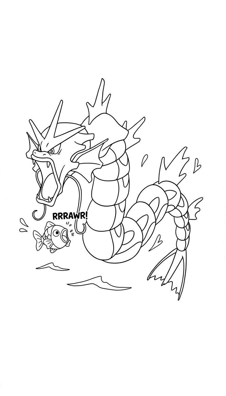 Kleurplaat van een brullende, slangachtige Gyarados met scherpe tanden die een angstige, kleine Magikarp bedreigt, omringd door waterdruppels.