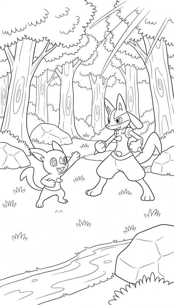 Zwart-wit kleurplaat van Pokémon Lucario en Riolu in een bos. Riolu lacht en juicht met opgeheven arm, Lucario staat geconcentreerd in een gevechtshouding. De achtergrond heeft bomen, rotsen en een beekje.