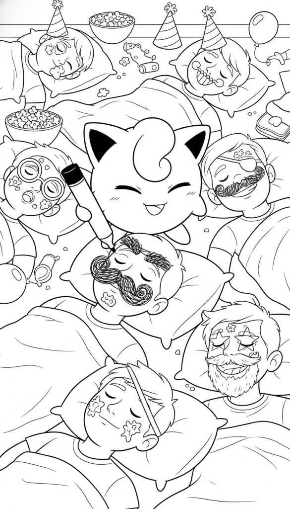 Kleurplaat van een Jigglypuff-achtige figuur met kattenoren die snorren en wenkbrauwen tekent op het gezicht van een slapende man, omringd door andere slapende mensen en kinderen met grappige gezichtsversieringen en feestartikelen na een pyjamafeestje.
