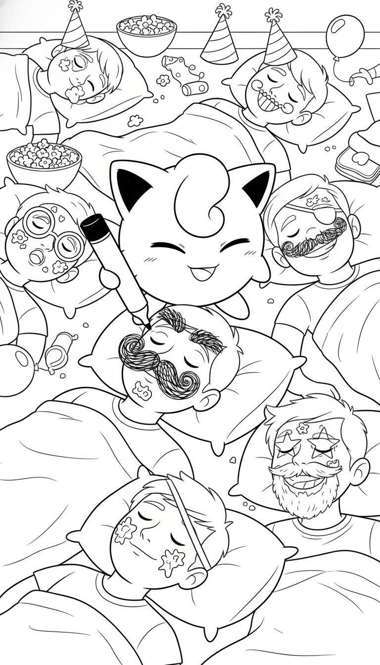 Kleurplaat van een Jigglypuff-achtige figuur met kattenoren die snorren en wenkbrauwen tekent op het gezicht van een slapende man, omringd door andere slapende mensen en kinderen met grappige gezichtsversieringen en feestartikelen na een pyjamafeestje.