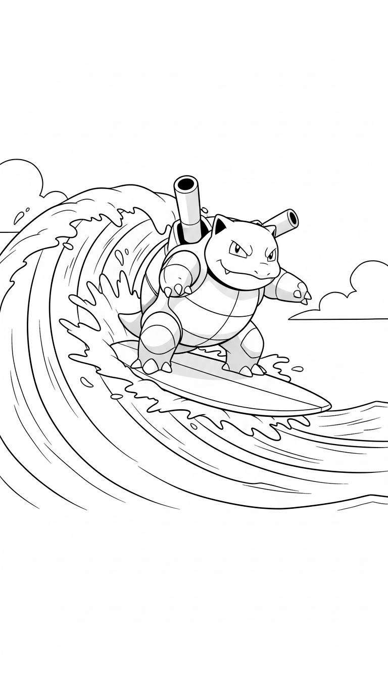 Zwart-wit kleurplaat van Blastoise op een surfplank, surfend op een hoge golf met spattend water en eenvoudige wolkjes op de achtergrond. Blastoise kijkt vastberaden en glimlachend.